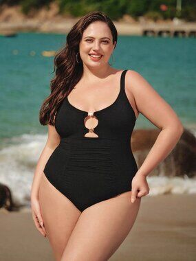 Berlook Black Cutout Gold Accent One Piece Swimsuit Plus Size 18 NWT